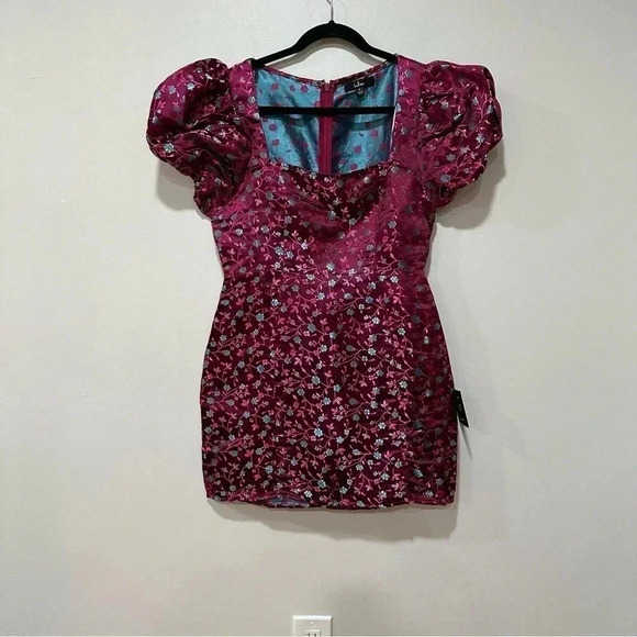 Lulus Always Decadent Magenta Floral Brocade Puff Sleeve Mini Dress Medium - Picture 4 of 12